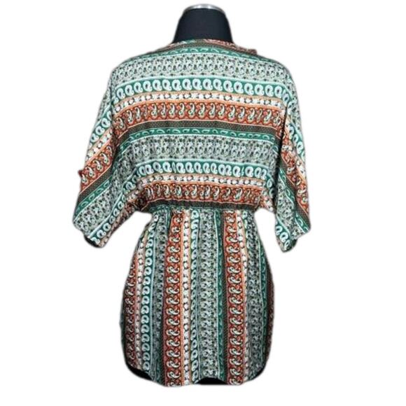 Umgee V-Neck Short Kimono Sleeve Tunic Top Fringe Paisley Aztec Embroidery Sz S - Picture 2 of 13